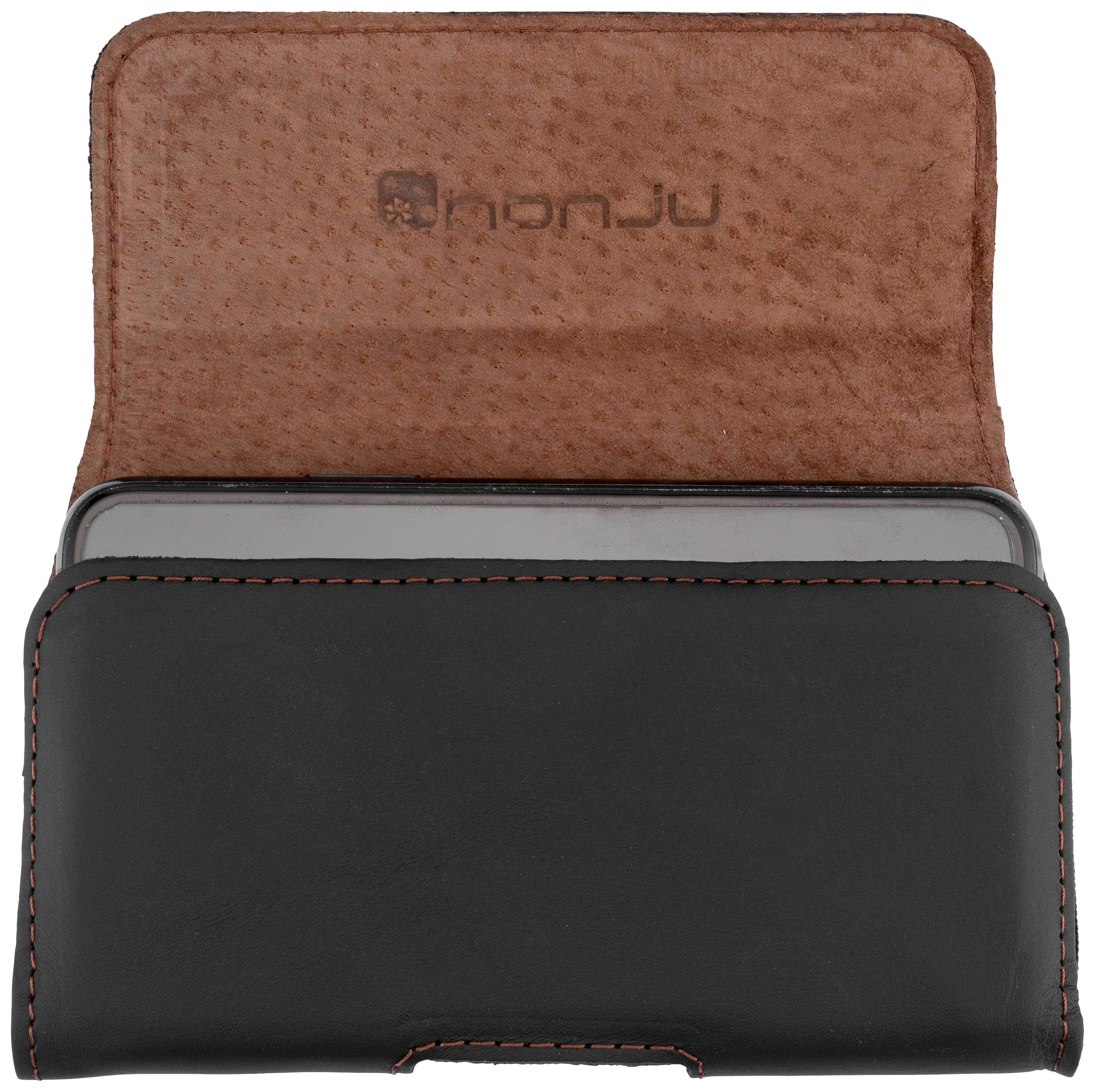 Eine schwarze Lederhülle mit rotem Futter, oben geöffnet, zeigt Platz für ein Gerät.