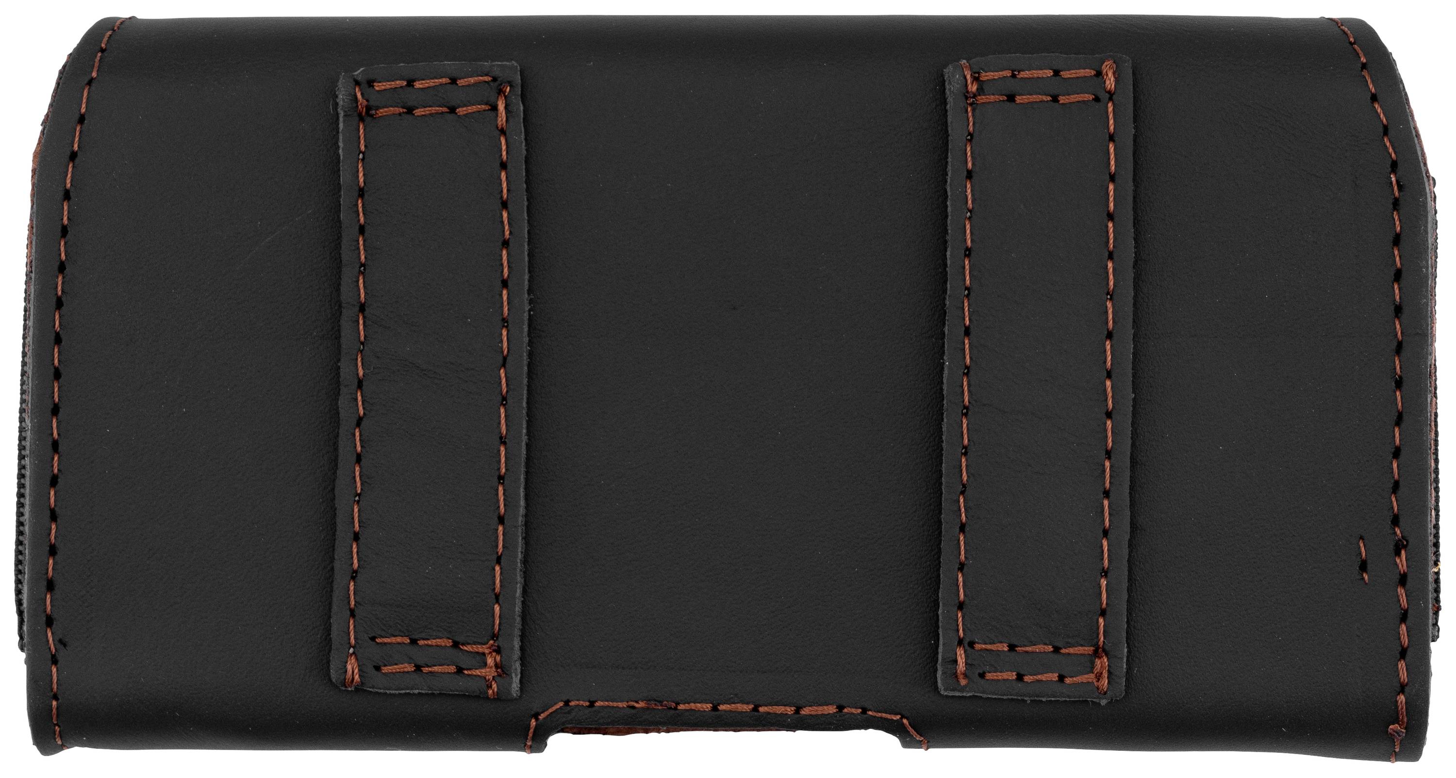 Schwarzes Lederetui mit zwei vertikalen Schlaufen und orangefarbenen Nähten, geeignet für das Tragen eines Gürtels.