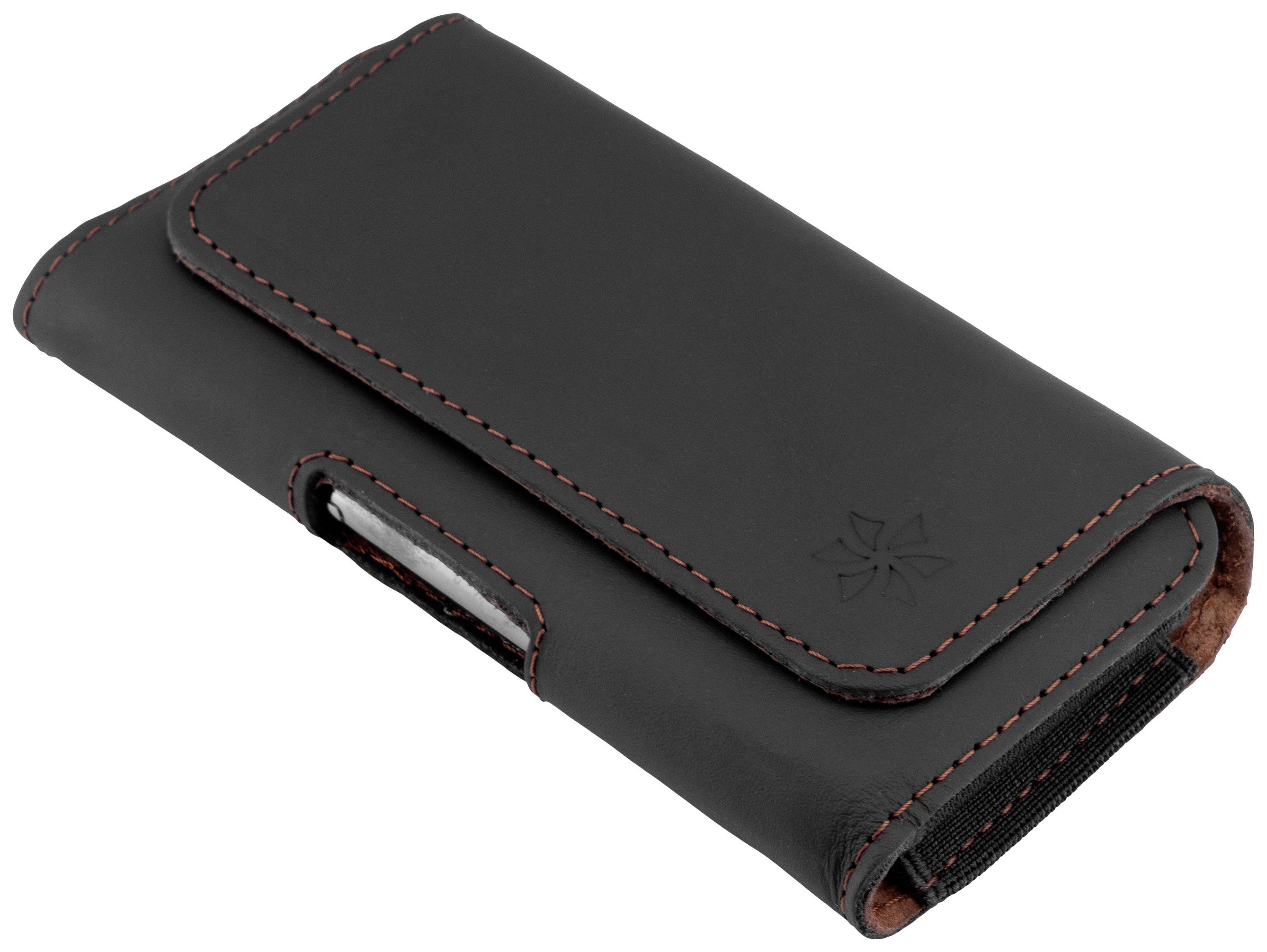 Eine schwarze Ledertasche mit roten Nähten, fürs sichere Aufbewahren kleiner Elektronikgeräte, wie Mobiltelefone.