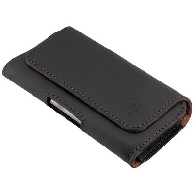 Eine schwarze Ledertasche mit roten Nähten, fürs sichere Aufbewahren kleiner Elektronikgeräte, wie Mobiltelefone.