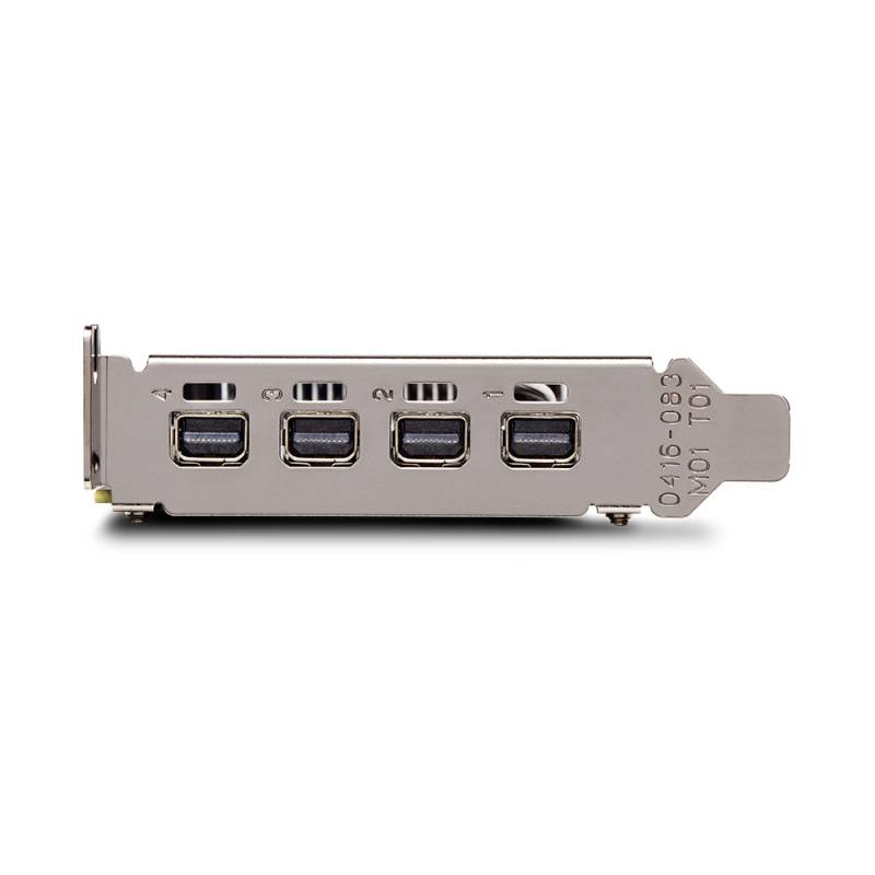 Vier DisplayPorts an einer Grafikkarte, geeignet für den Anschluss mehrerer Monitore an einen Computer.