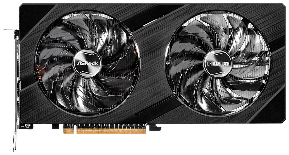 Schwarze Grafikkarte mit zwei großen Lüftern, ASRock-Logo auf jedem Lüfter. Designed zur Kühlung von Computerprozessoren.