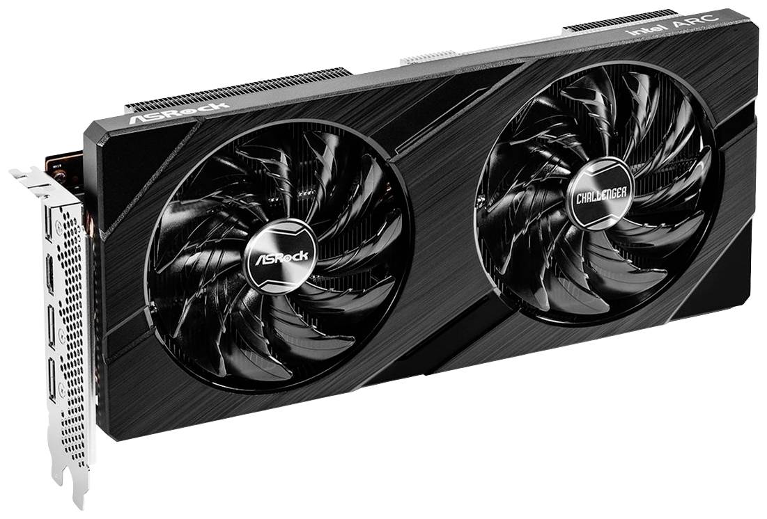 Grafikkarte mit zwei Lüftern und Asrock-Logo, Seitenansicht. Schwarz mit silbernen Akzenten, PCIe-Steckplatz sichtbar.