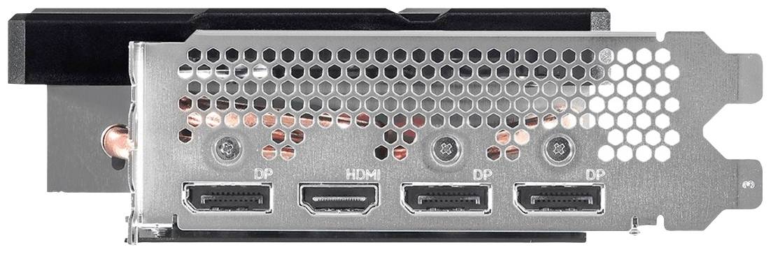 Grafikkartenanschlüsse: Drei DisplayPorts (DP) und ein HDMI-Anschluss, umgeben von einem Metallgitter mit runden Lüftungsöffnungen.