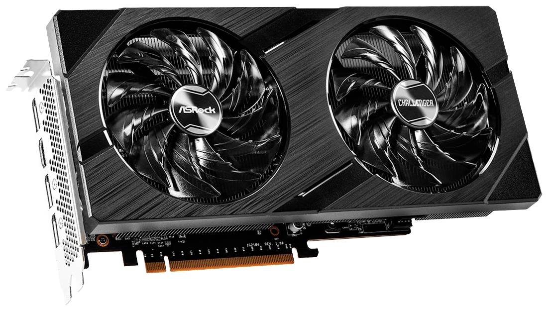 'Schwarze Grafikkarte mit zwei Lüftern und Logos von Asrock und Challenger. Sie hat einen PCIe-Steckplatz und eine weiße Rückplatte.'