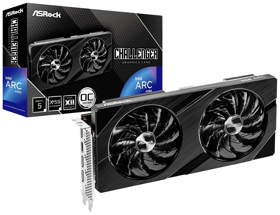 Eine ASRock Challenger Grafikkarte, Modell Intel ARC A580, in schwarz mit dualen Lüftern. Verpackung daneben zeigt das gleiche Design.