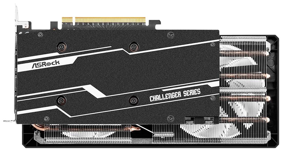 'ASRock Challenger Series' Grafikkarte, schwarz mit weißem Muster, drei Lüfter sichtbar. Rückseite abgebildet.