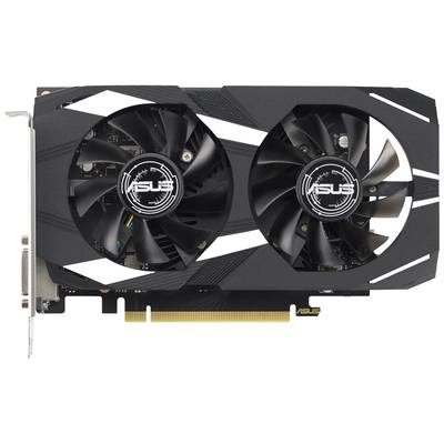 Eine ASUS-Grafikkarte mit zwei Lüftern, schwarzen Kühllamellen und einem PCIe-Steckplatz zur Kühlung und Darstellung grafischer Daten.