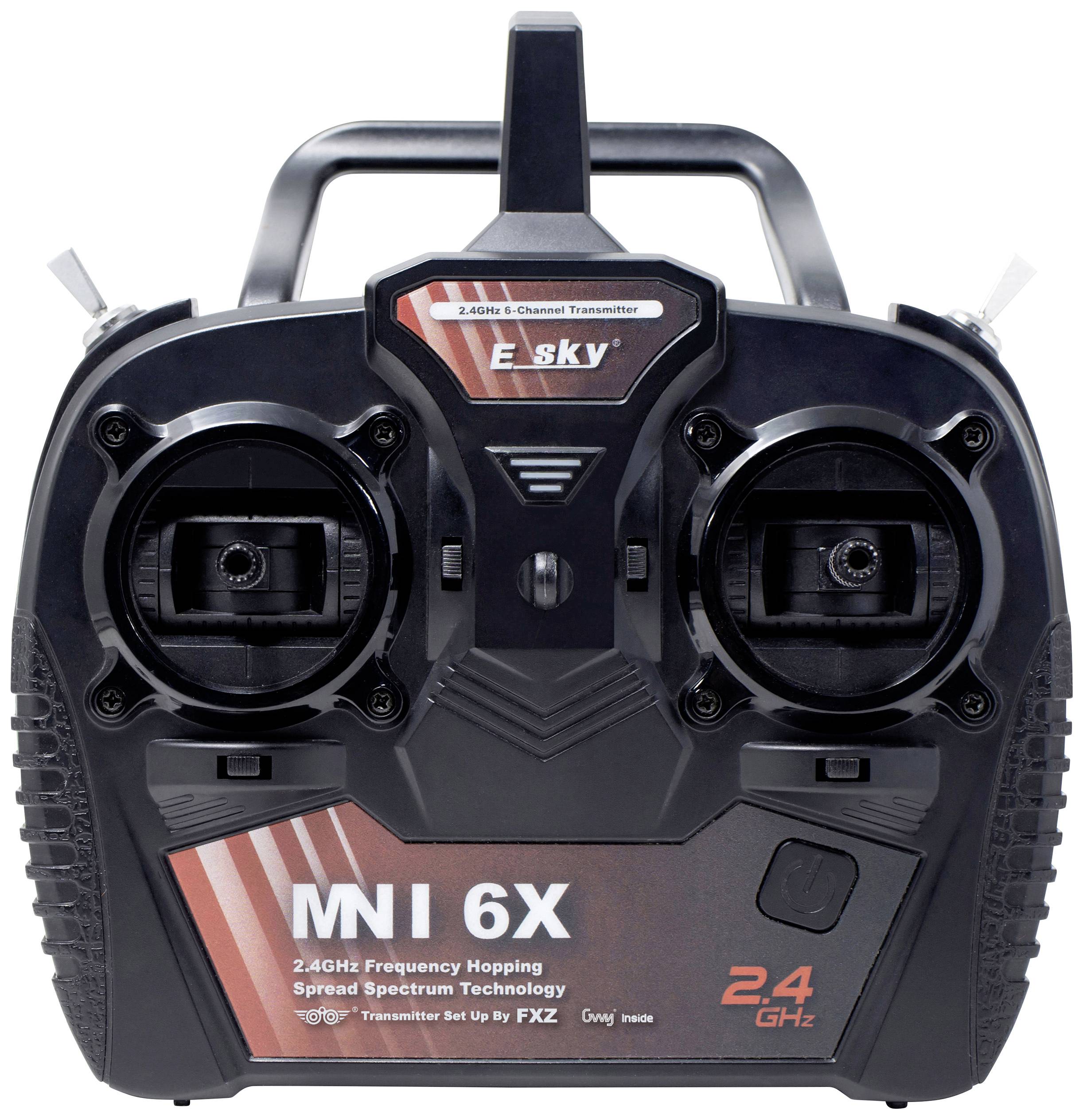 Fernsteuerung mit zwei Antennen, zwei Steuerknüppeln und mehreren Tasten, mit schwarzem Gehäuse. Text auf der Vorderseite: 'E-Sky, 2.4 GHz, 6-Kanal'.