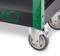 Nahaufnahme eines Transportwagens mit zwei feststellbaren Rollen und grünem Metallrahmen. Geeignet für schwere Lasten.