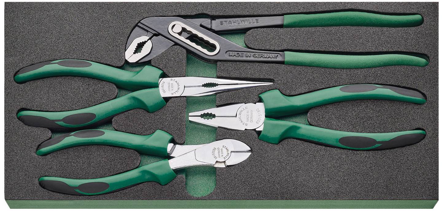 Vier grüne Handwerkzeuge, darunter eine Wasserpumpenzange, zwei Kombizangen und ein Seitenschneider, in Schaumstoffeinlage.