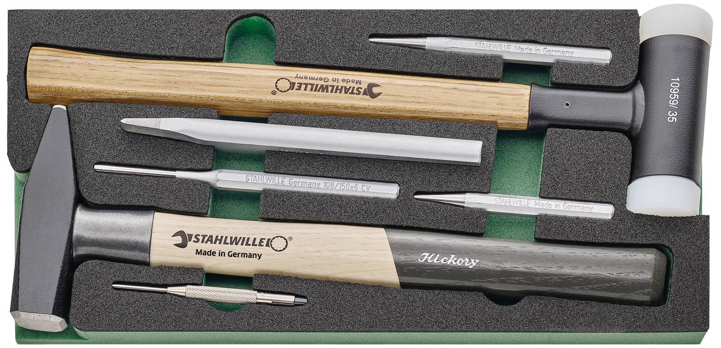'Feinmechanik-Werkzeugsatz von Stahlwille: Hammer mit Holzgriff, Kunststoffschlagkopf, und diverse Metallstifte. Made in Germany.'