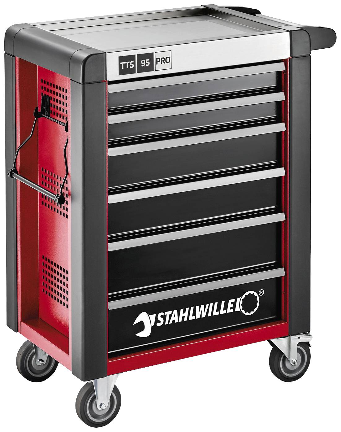 Ein schwarzer Werkzeugwagen mit sechs Schubladen und vier Rädern, Marke STAHLWILLE, Modellnummer TTS 95 PRO, auf einer hellen Fläche.