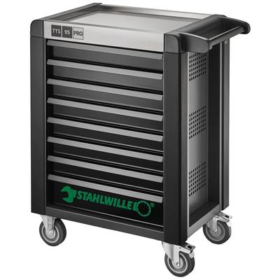 'Werkzeugwagen mit mehreren Schubladen, schwarzes Design, grünem Logo, auf Rollen, ergonomischer Griff, stabil gebaut.'