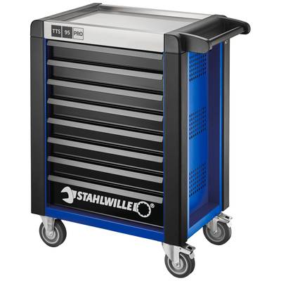Werkzeugwagen mit sechs Schubladen, einseitig geschlossen, auf vier Rollen mit Griff. Markiert mit 'Stahlwille TTS 95 Pro'.