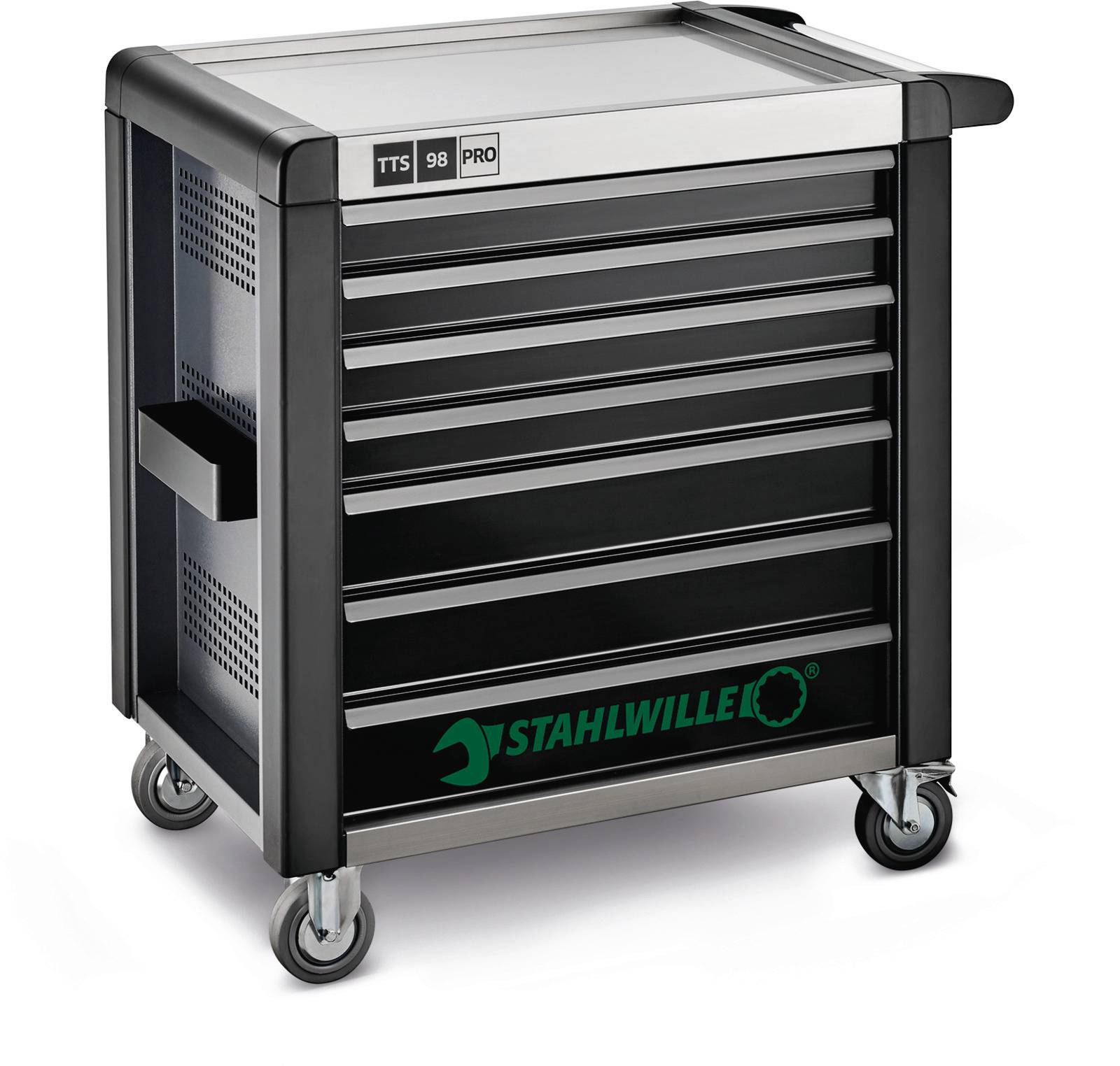 Ein schwarzer Werkzeugwagen mit fünf Schubladen, Rollen und einer Griffleiste an der Seite. Markenlogo und Modellnummer oben links.