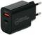 Ein schwarzes USB-Ladegerät mit zwei Anschlüssen: USB-A und USB-C. Aufschrift: 'QC3.0 + PD quick charger 30W'.