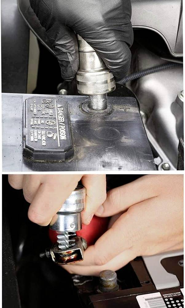 'Oben: Eine Person öffnet eine Autobatterie mit einem Schraubenschlüssel. Unten: Eine Person zieht eine Schraube an einer Batterie an.'