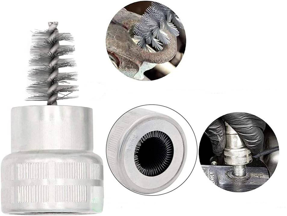 Drahtbürste zur Reinigung von Batterieklemmen, Details des Bürstenkopfs und Anwendung auf Autobatterieklemme in verschiedenen Ansichten.