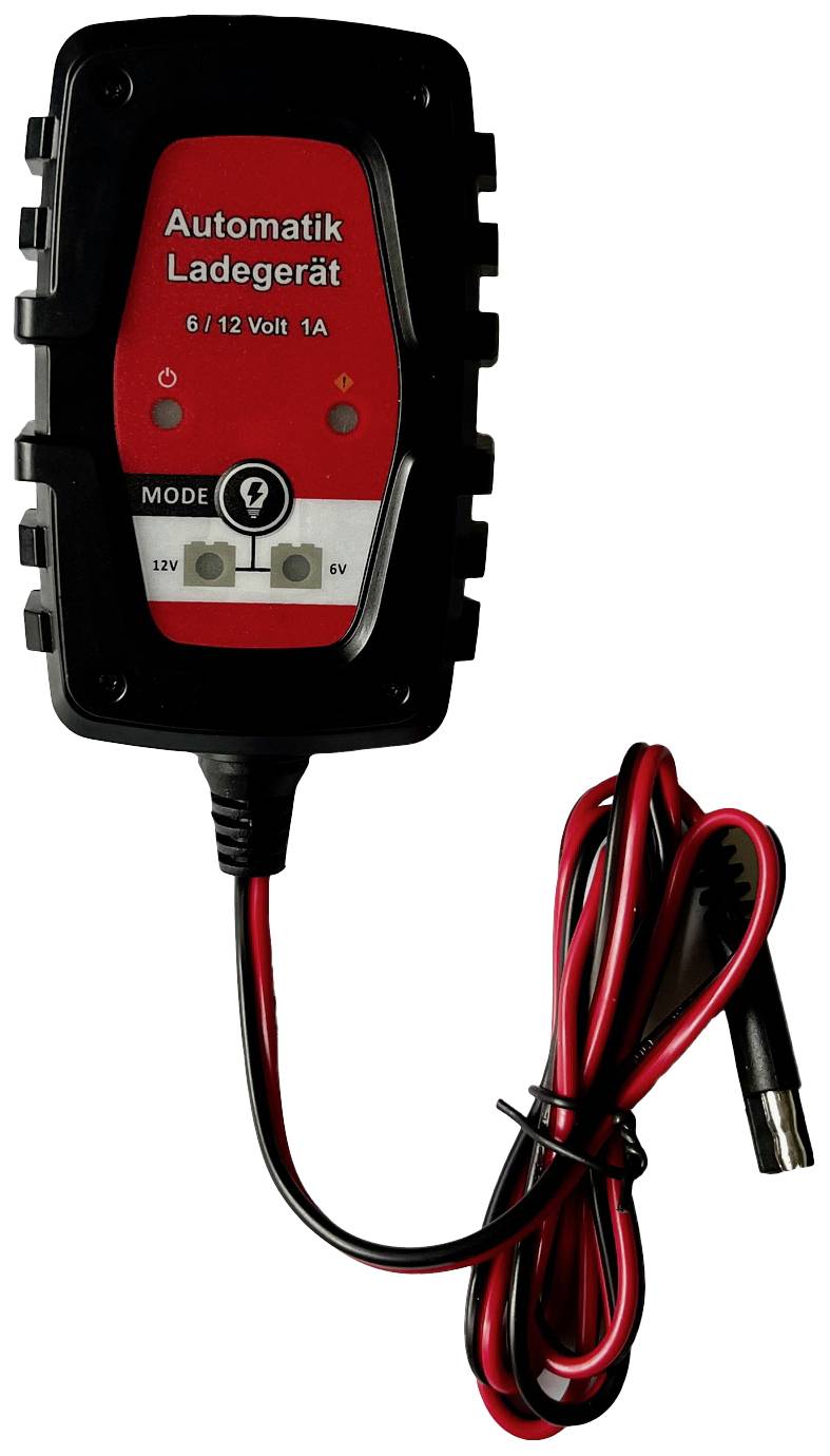 Ein schwarzes und rotes automatisches Ladegerät für 6/12 Volt Batterien mit Kabel und Stecker. Ideal zum Laden kleiner Batterien.