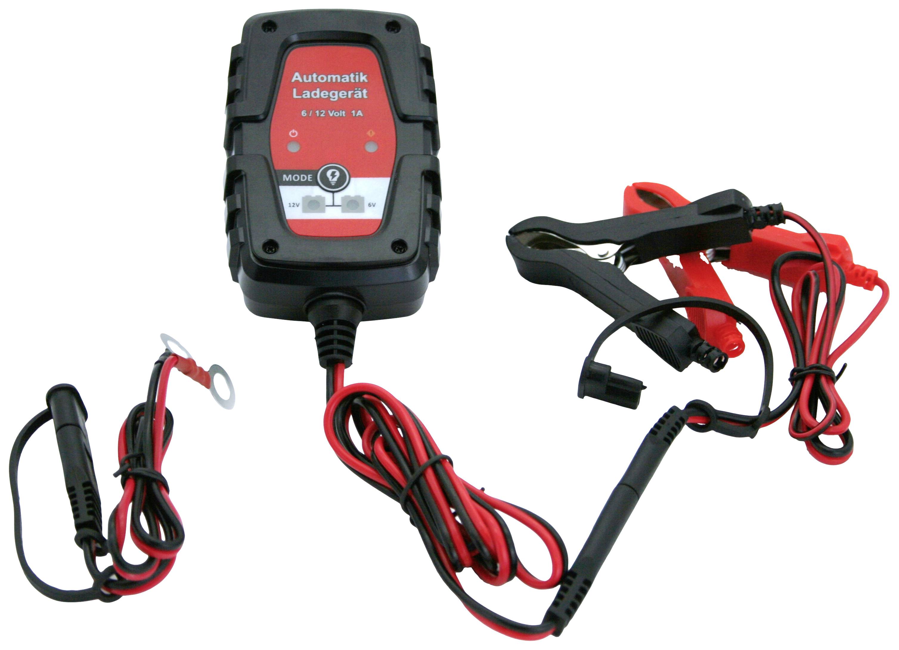 Ein automatisches Ladegerät für 6/12 V-Akkus mit Krokodilklemmen zum Anschluss an Batteriepole. Geeignet für Auto- und Motorradakkus.