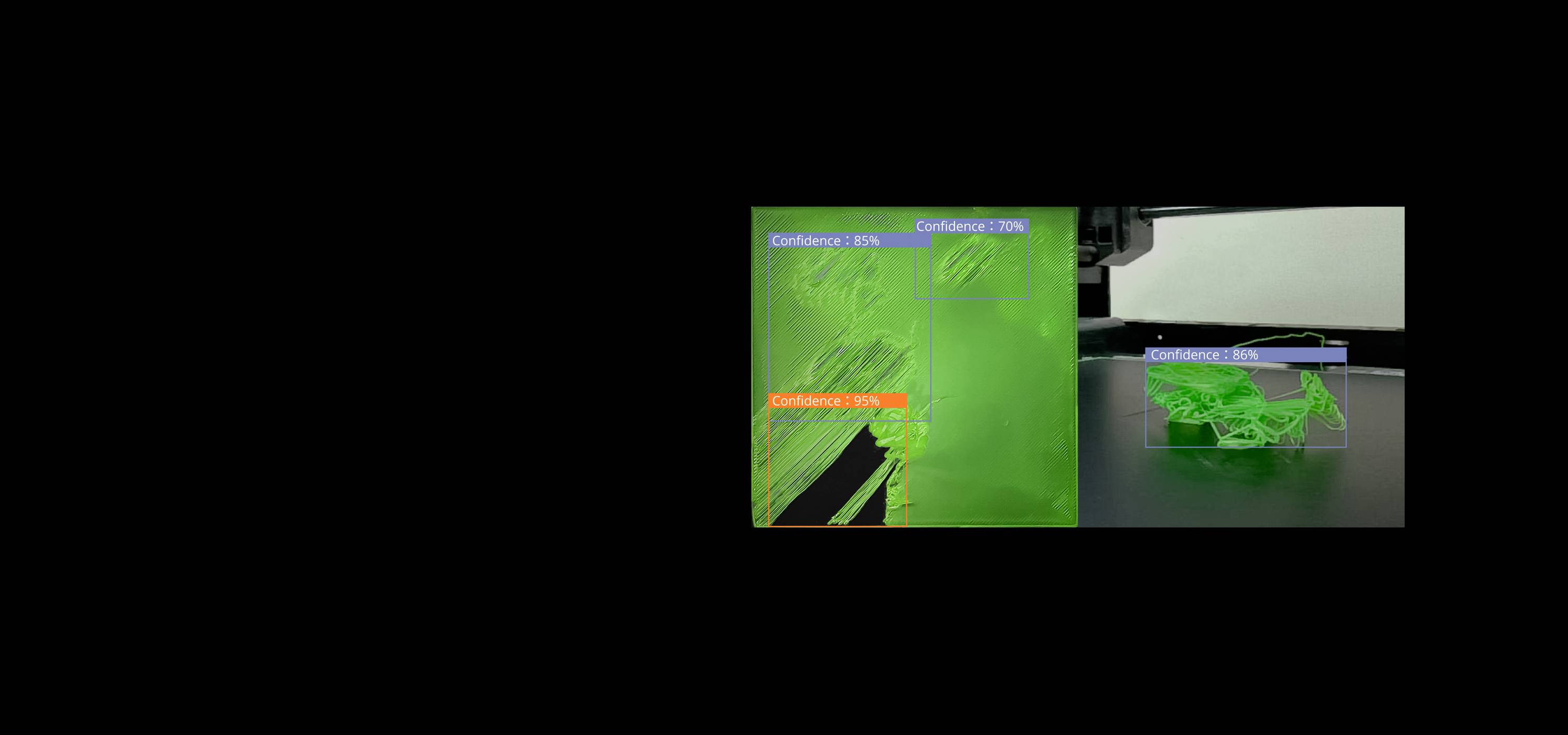 Das Bild zeigt ein 3D-Druckobjekt mit Beschriftungen zur Druckqualität. Rechte Seite: transparentes Objekt. Linke Seite: Begrenzungen durch Text markiert.