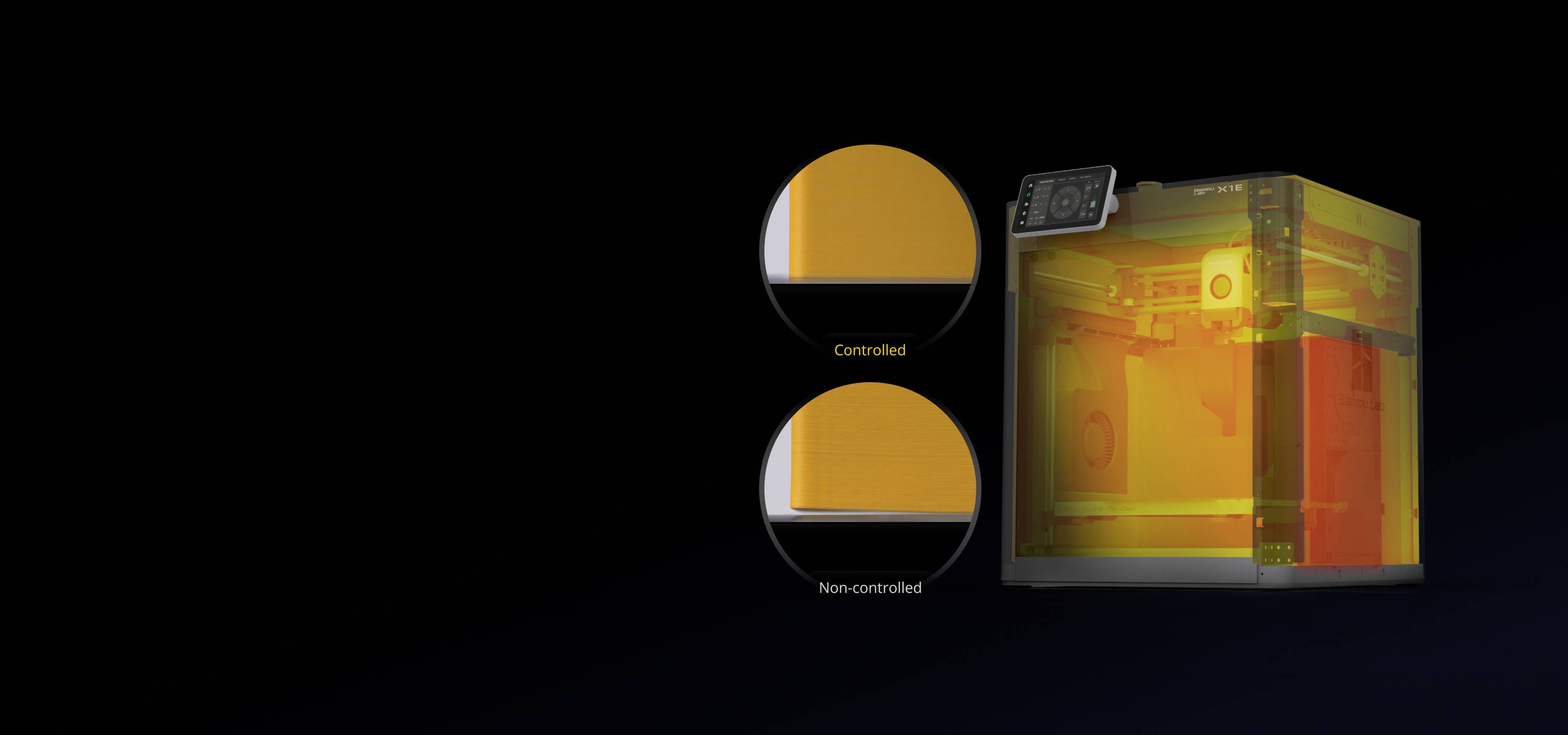 Ein 3D-Drucker in einem Gehäuse zeigt die Vorteile der Temperaturkontrolle. Zwei Bilder vergleichen kontrollierte und unkontrollierte Drucke.