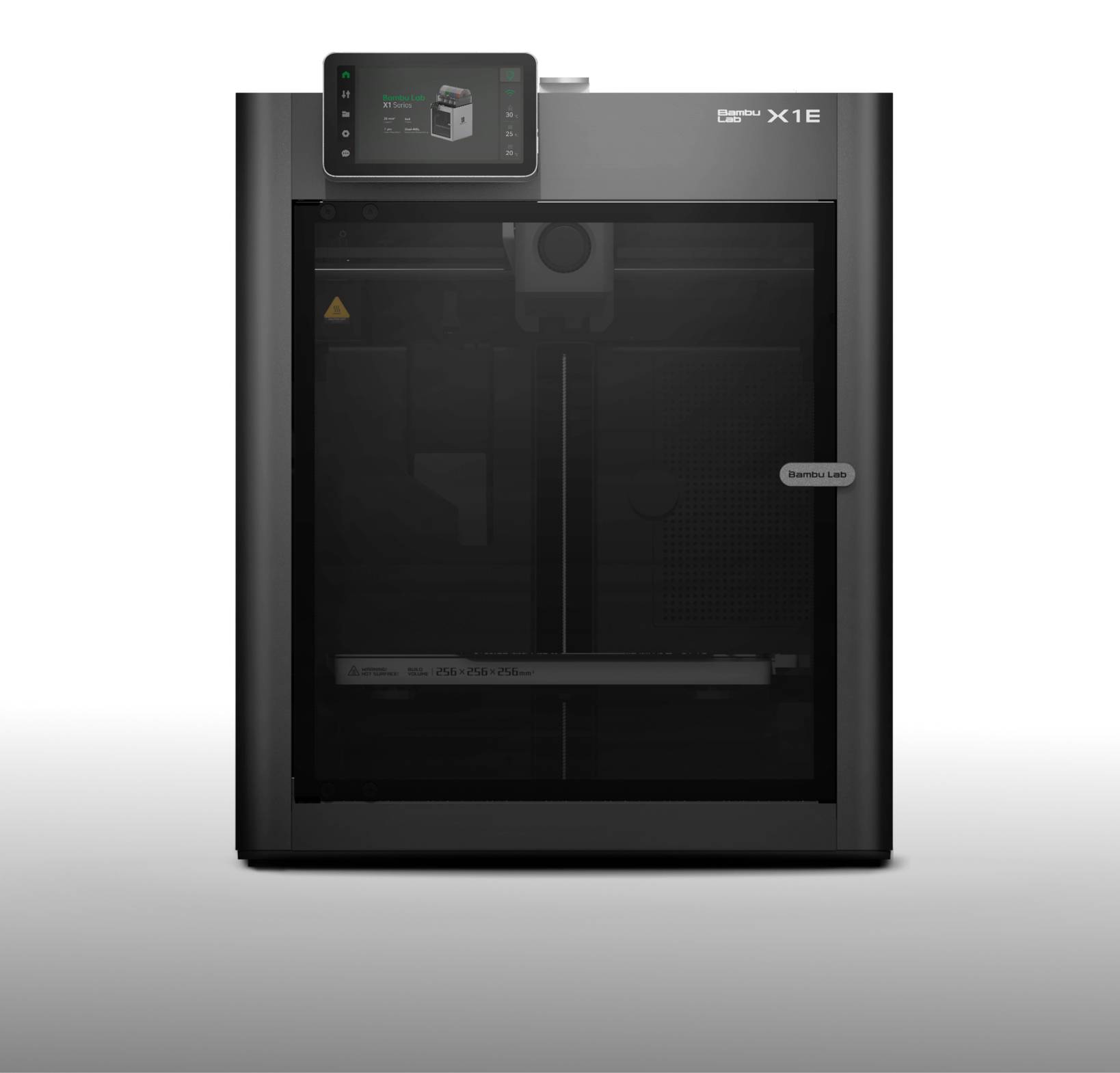 Ein schwarzer 3D-Drucker mit Display oben links zeigt das Druckermodell und den Status. Der Druckbereich ist geschlossen.