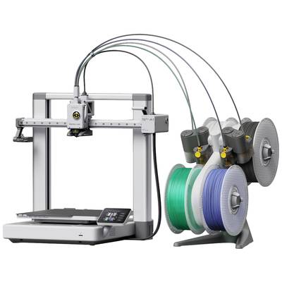 Ein 3D-Drucker mit vier Spulen verschiedener Farben angeschlossen. Die Spulen stehen rechts, und der Druckkopf bewegt sich auf der x-Achse.