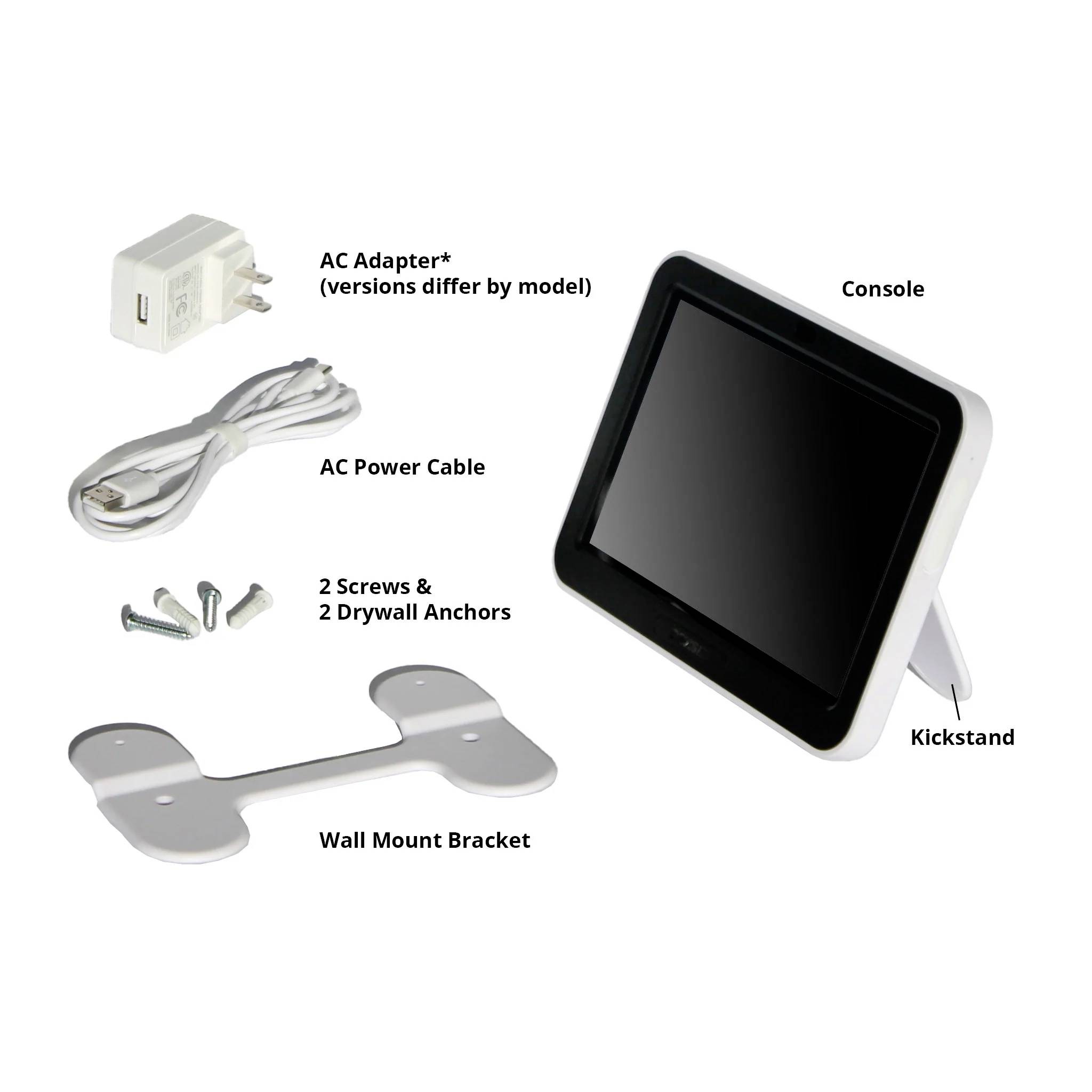 'AC-Adapter (Modelle variieren), AC-Netzkabel, Konsole, 2 Schrauben & Dübel, Wandhalterung, Ständer' sind abgebildet.