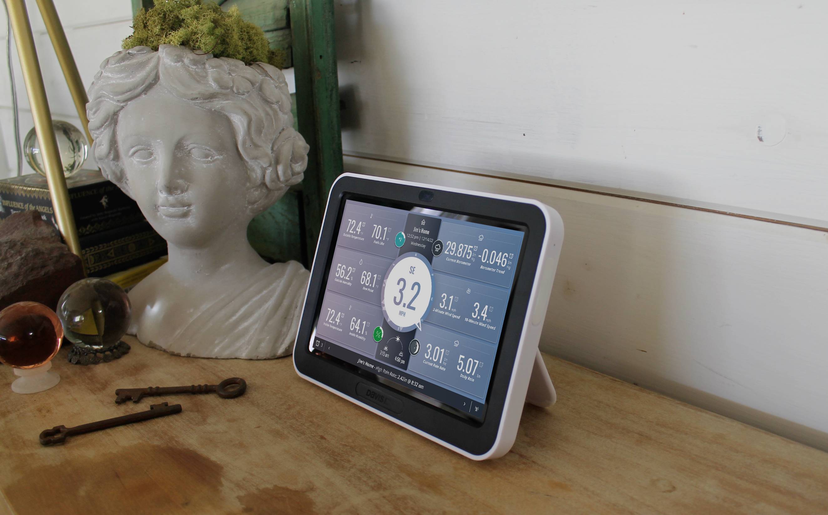 Ein weißes Tablet zeigt diverse Messwerte an, darunter eine zentrale Anzeige von '3.2'. Es steht auf einem Holztisch neben einer Büste.