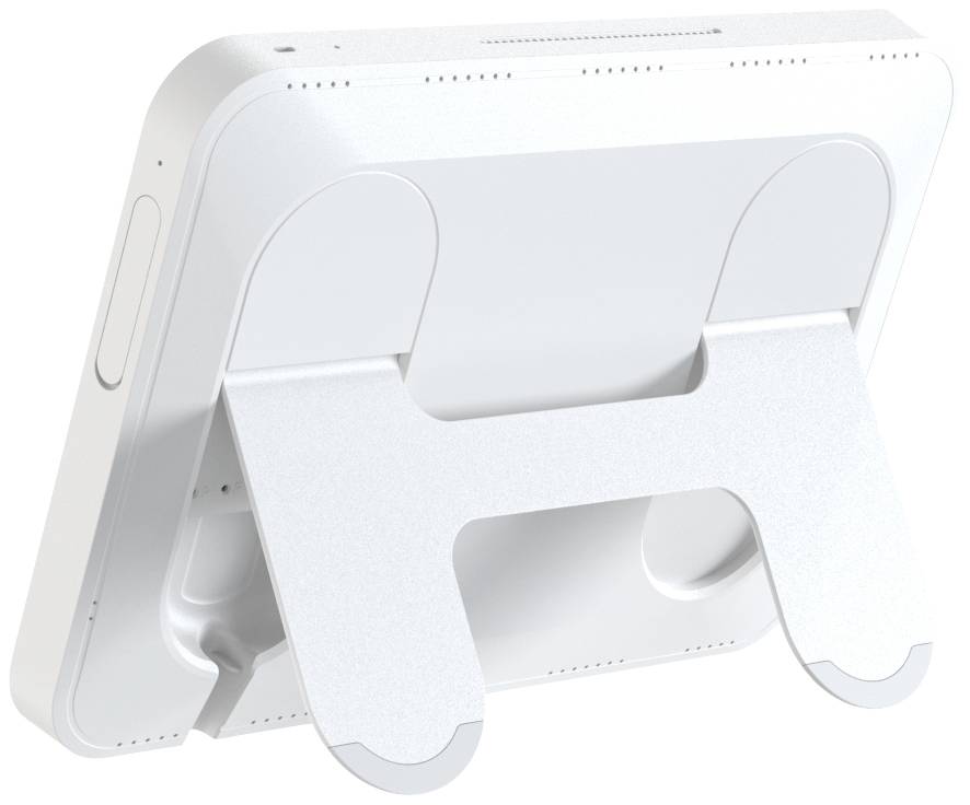 Ein weißes Gerät steht auf einem Tisch mit einem stabilen ausklappbaren Ständer. Es sieht aus wie ein Tablet oder Display.