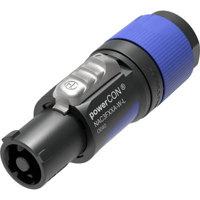 'powerCON NAC3FXXA-W-L' blauer und schwarzer Verriegelungsstecker zum Verbinden von Kabeln in der Audio- und Elektrotechnik.