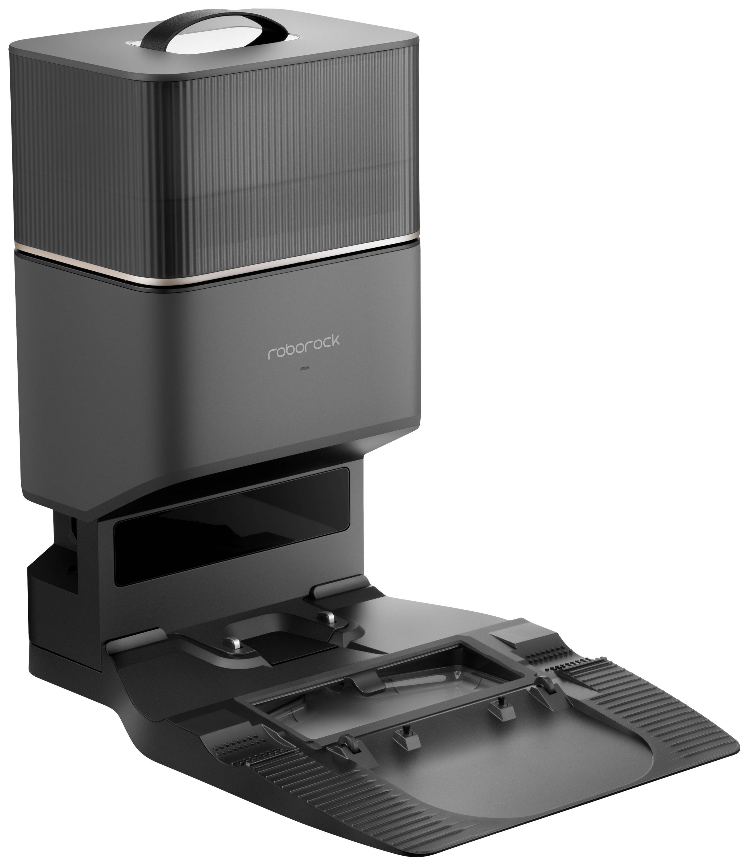 Eine schwarze Ladestation für Staubsaugerroboter mit offenem Deckel, platzsparendes Design, geeignet zum automatischen Entleeren.