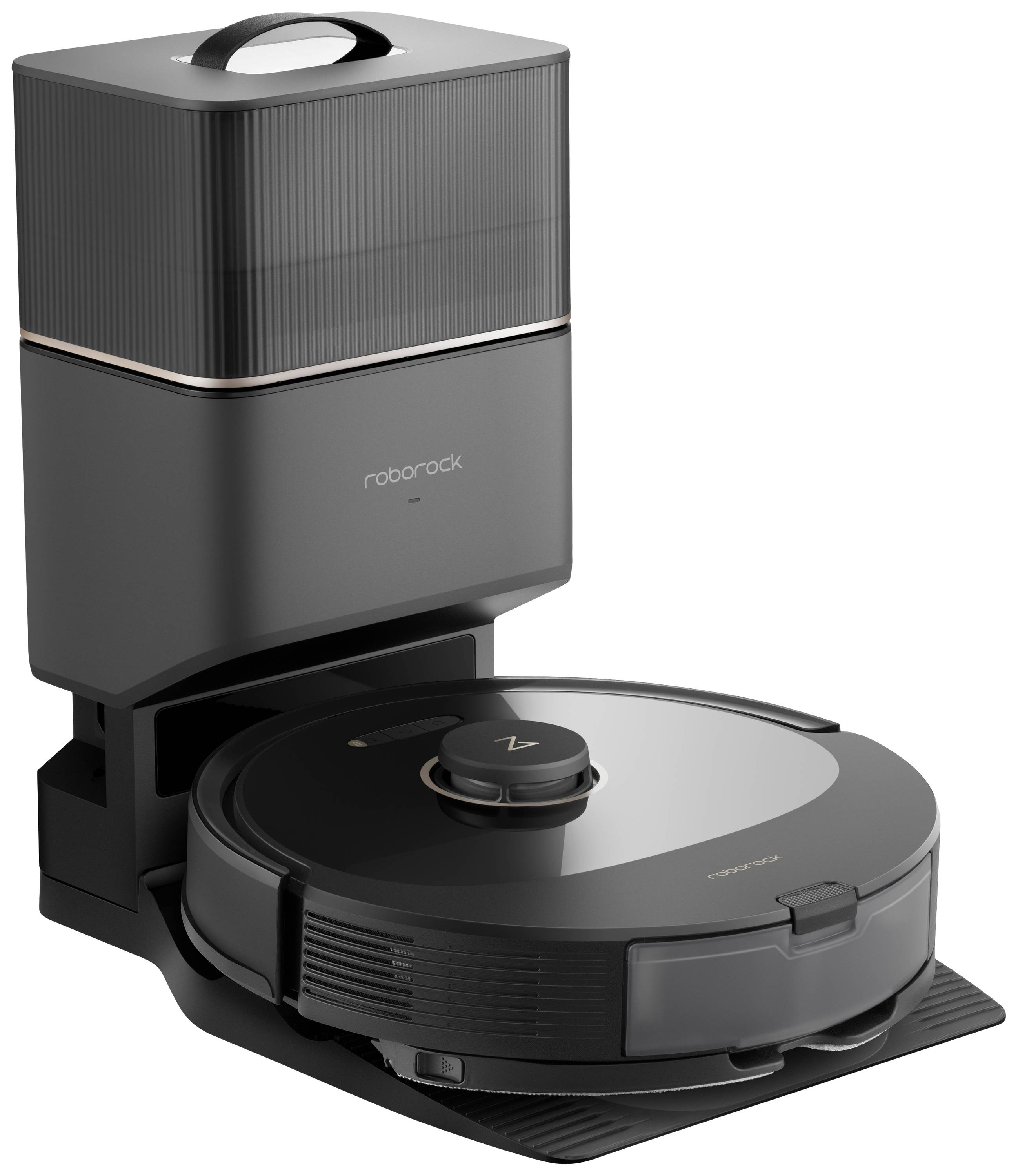 Ein schwarzer Roboterstaubsauger auf einer Ladestation mit einem schlichten, modernen Design, markiert mit 'roborock'.