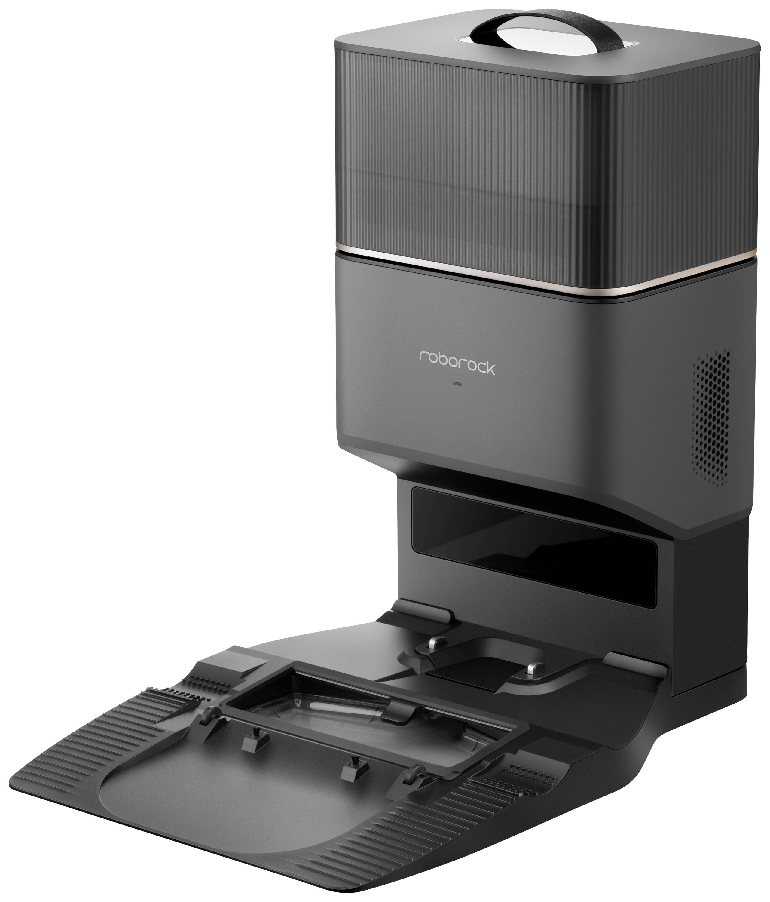 Ein grauer Roboter-Staubsauger mit Selbstentleerungsstation. Modernes Design mit auffälligen Konturen, geeignet für automatische Reinigung.