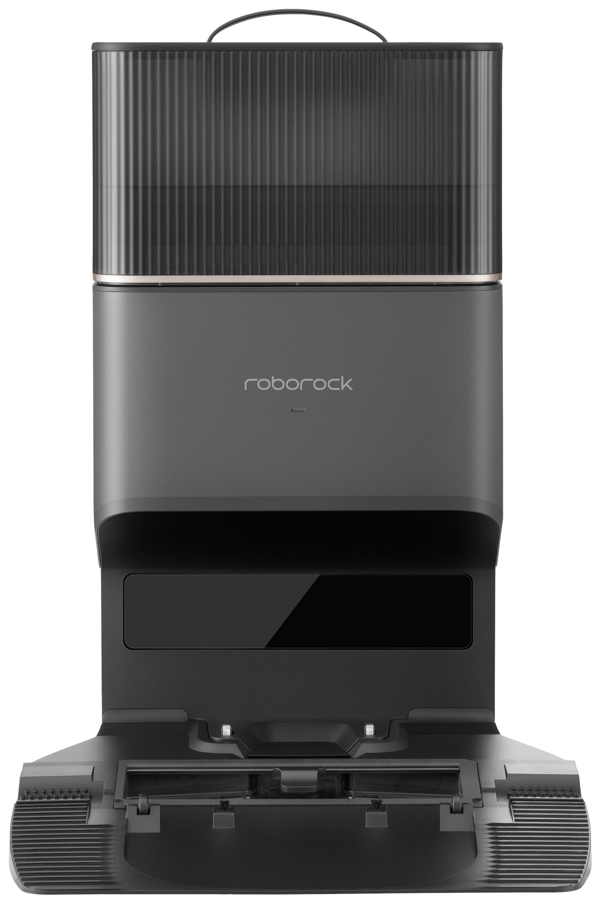 Ein schwarzer Roboter-Staubsauger und Wischroboter mit Ladestation, die Marke 'roborock' ist auf der Vorderseite sichtbar.
