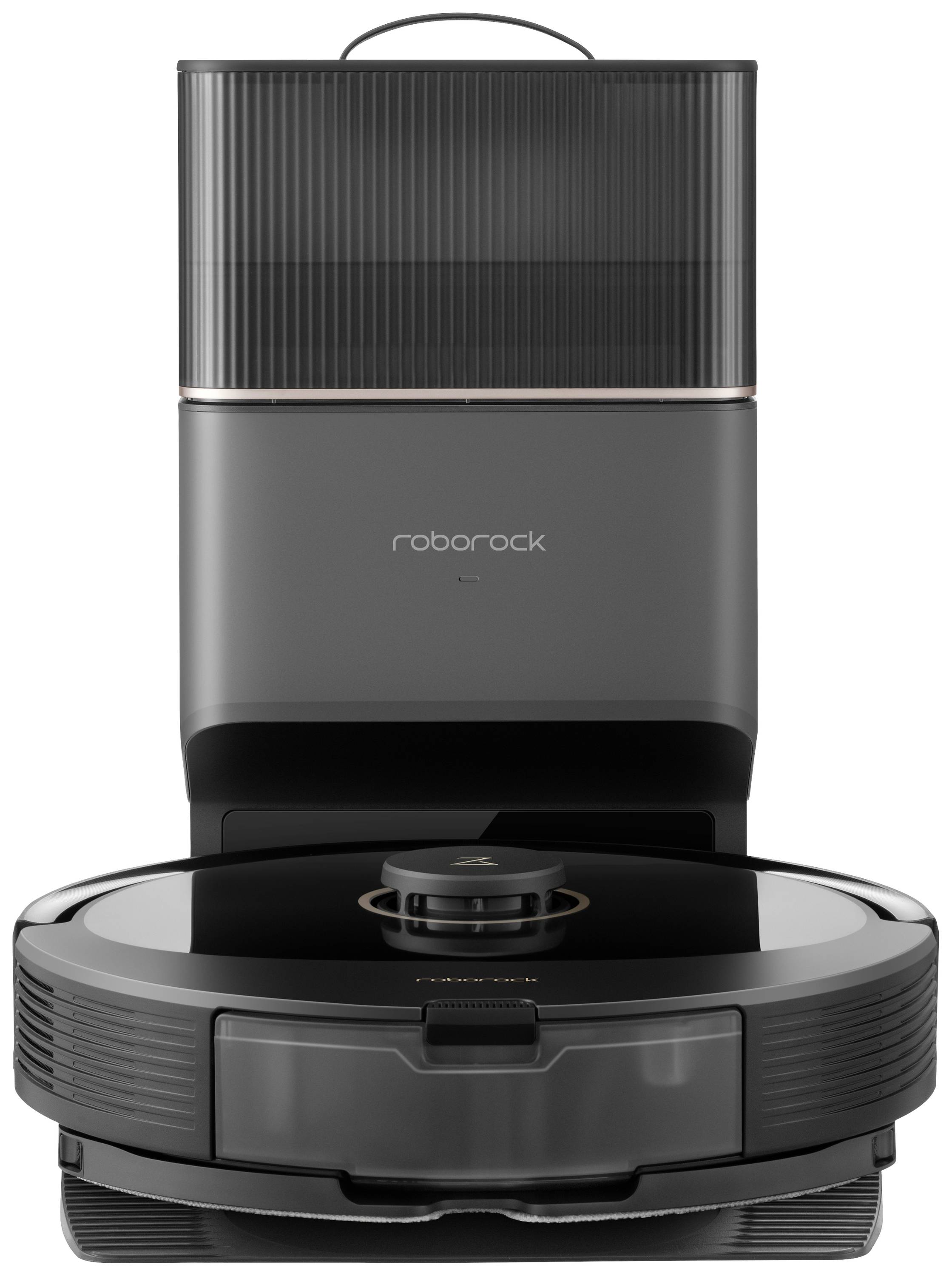 Saugroboter vor Ladestation mit Reinigungsstation. Elegantes, modernes Design in Schwarz. Markenname sichtbar.