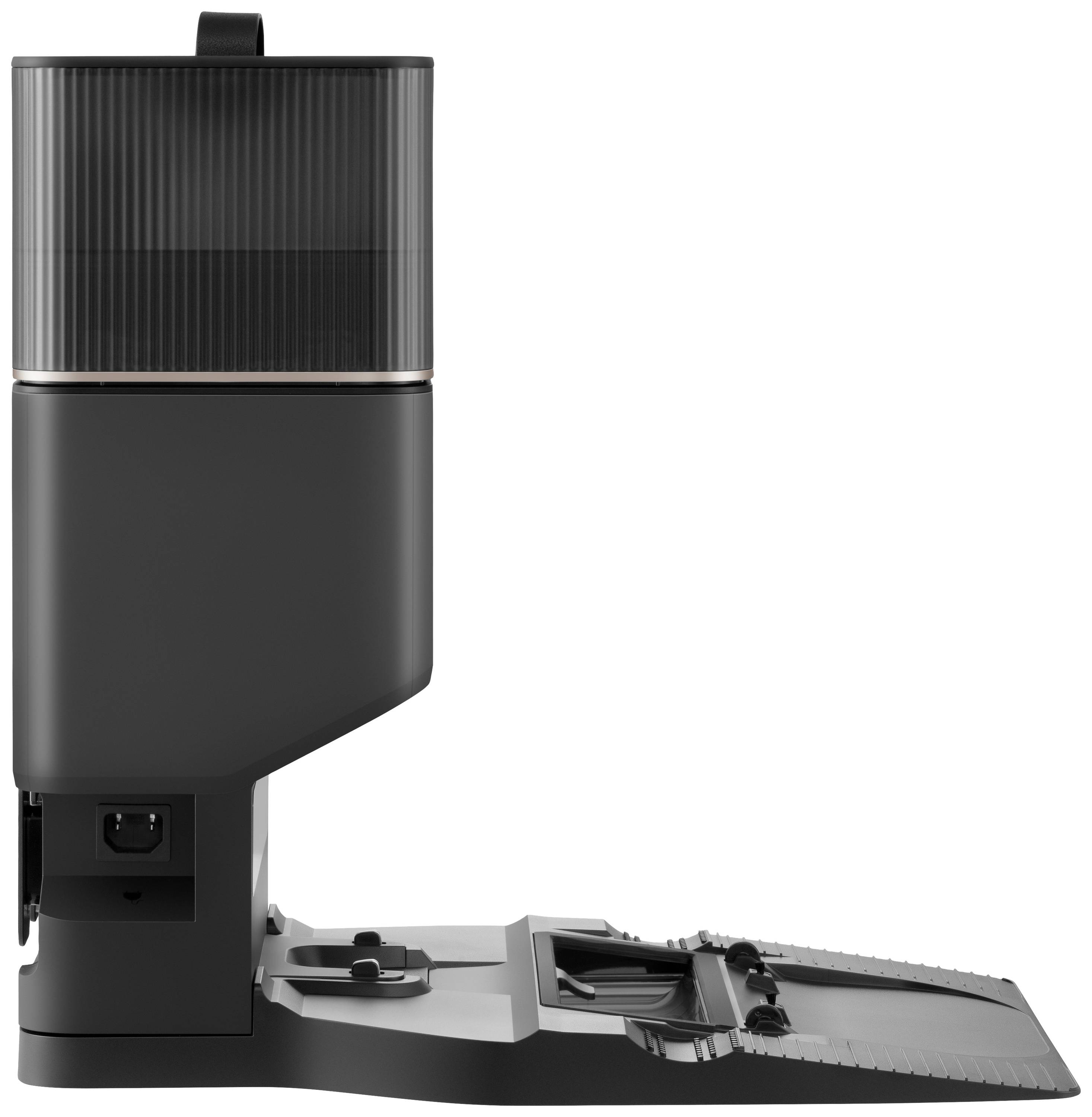 Schwarze, moderne Kaffeemaschine mit Glasbehälter und Tropfschale. Seitenansicht zeigt schlankes, elegantes Design.