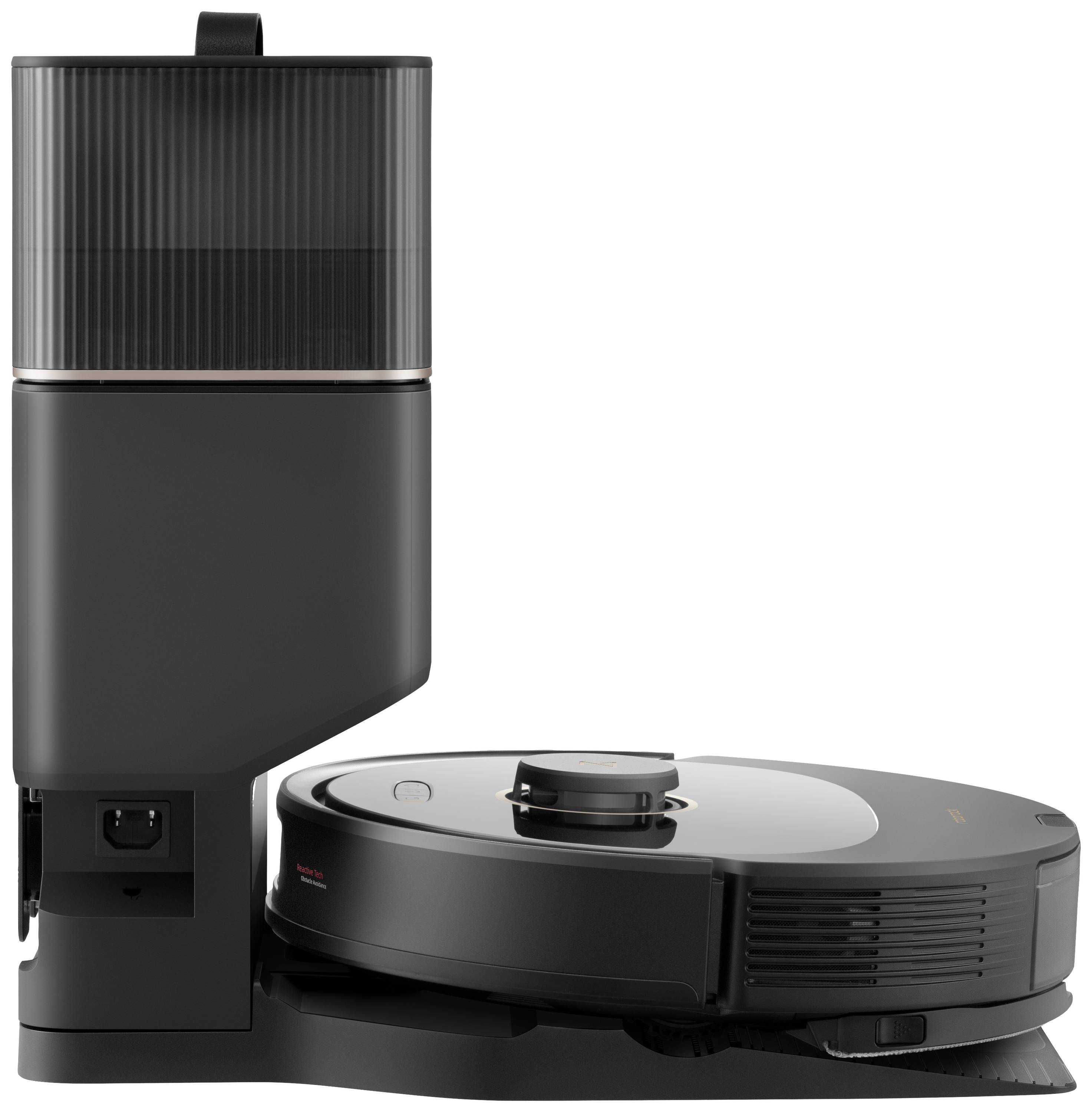 Saugroboter mit Ladestation, modernes Design, in Schwarz. Geeignet für automatisierte Bodenreinigung.