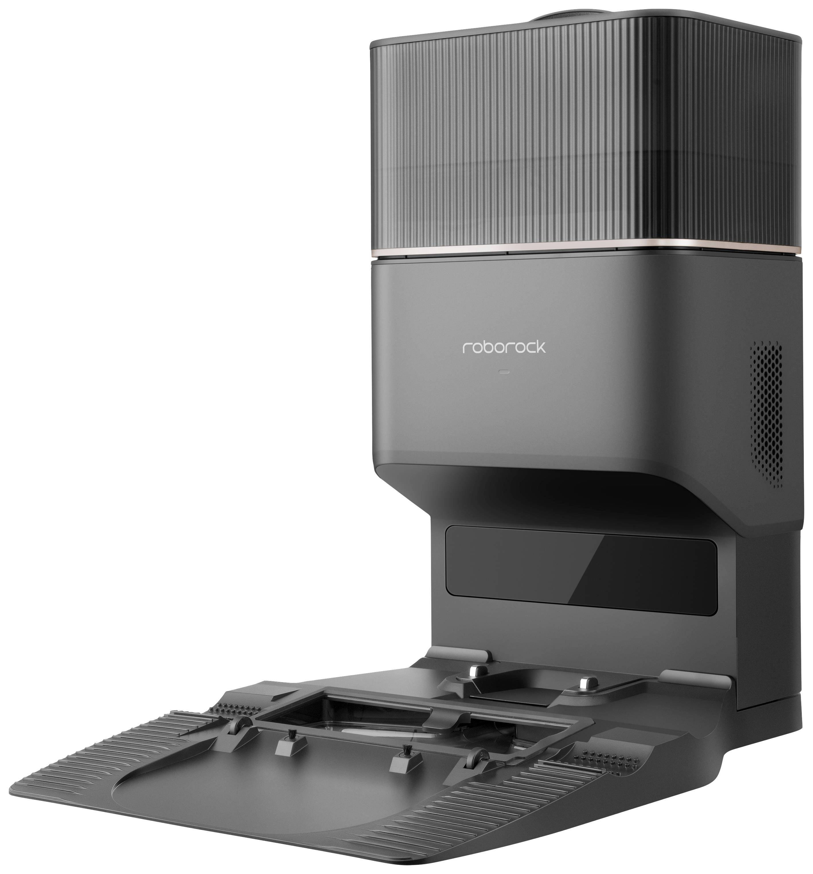 Staubsaugerroboter-Dockstation in modernem Design mit dunkler Farbgebung. Hauptfunktion: Laden und Entleeren des Roboters.