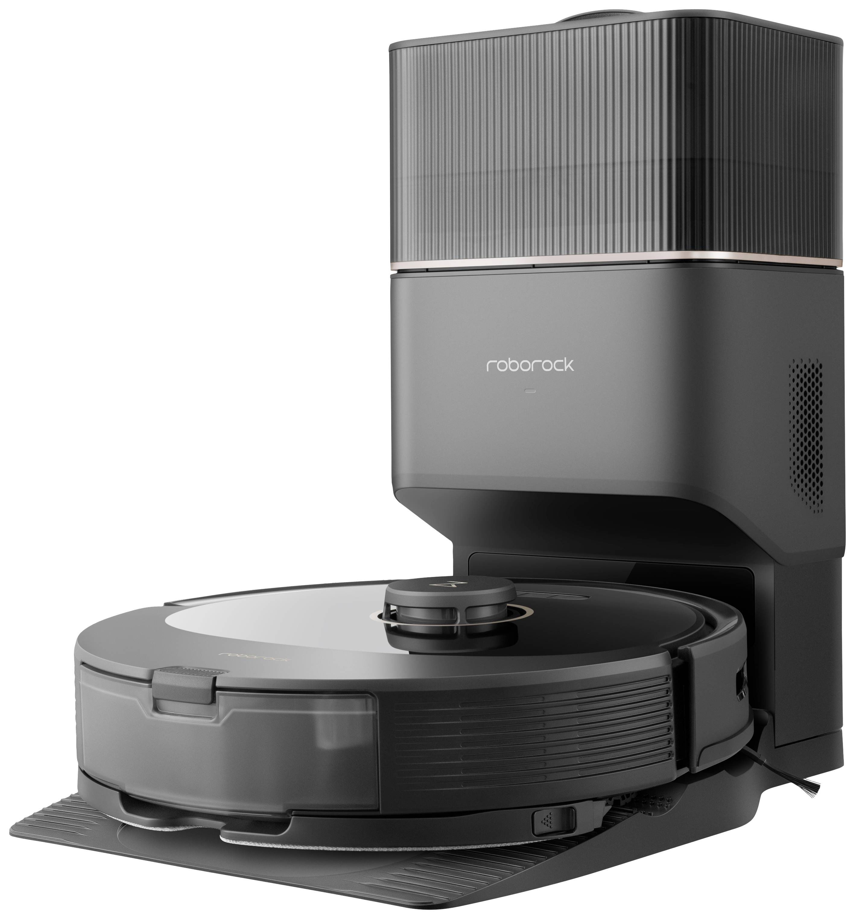 Ein schwarzer Roboter-Staubsauger mit Ladestation. Der Staubsauger hat ein rundes Design und ist auf einer Station platziert.