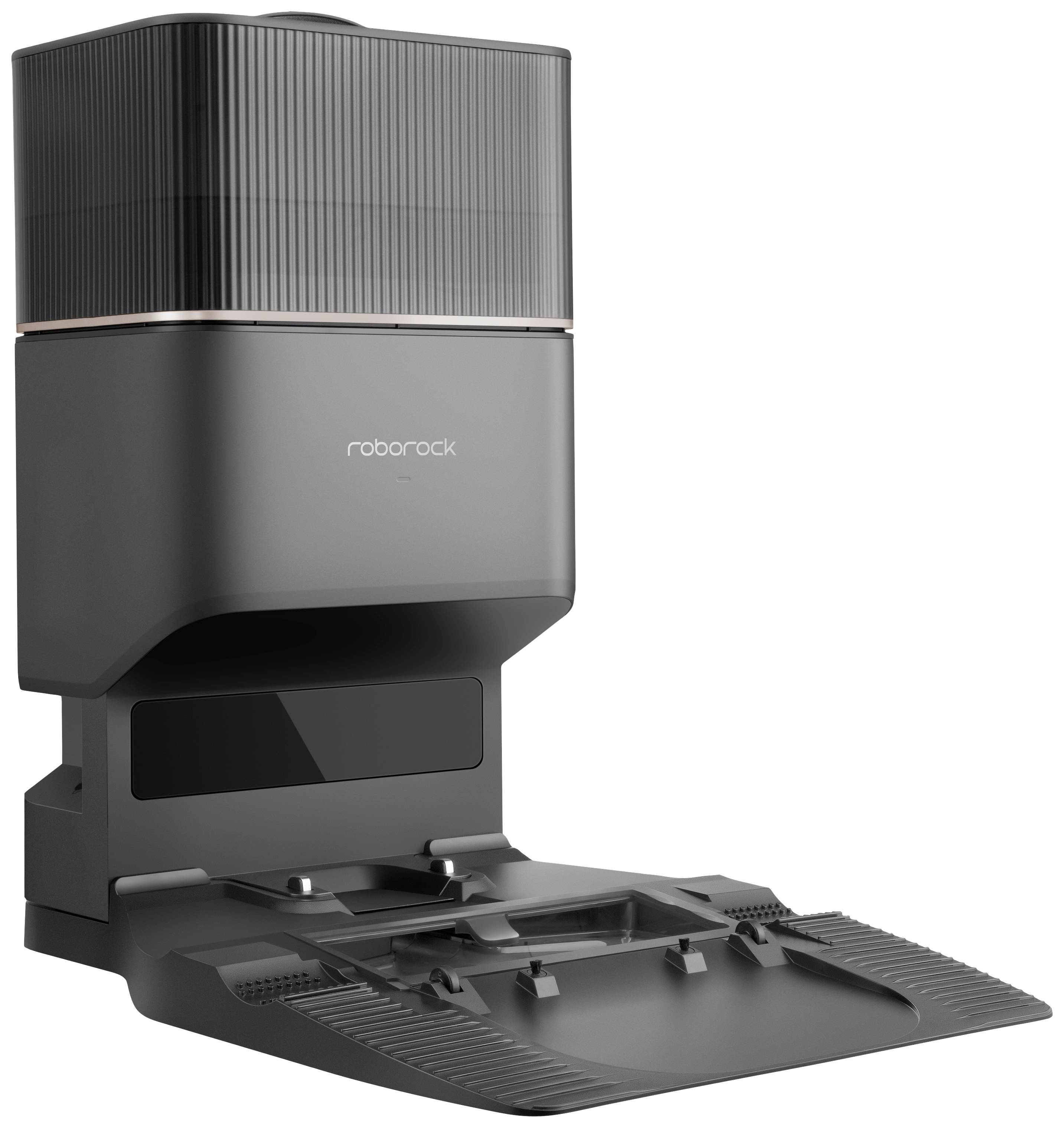 Staubsauger-Ladestation der Marke Roborock in modernem, dunklem Design; dient zur Aufbewahrung und zum Aufladen des Staubsaugerroboters.