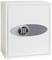 Ein weißer Tresor mit einem digitalen Codeschloss an der Vorderseite, geeignet zur sicheren Aufbewahrung von Wertgegenständen.