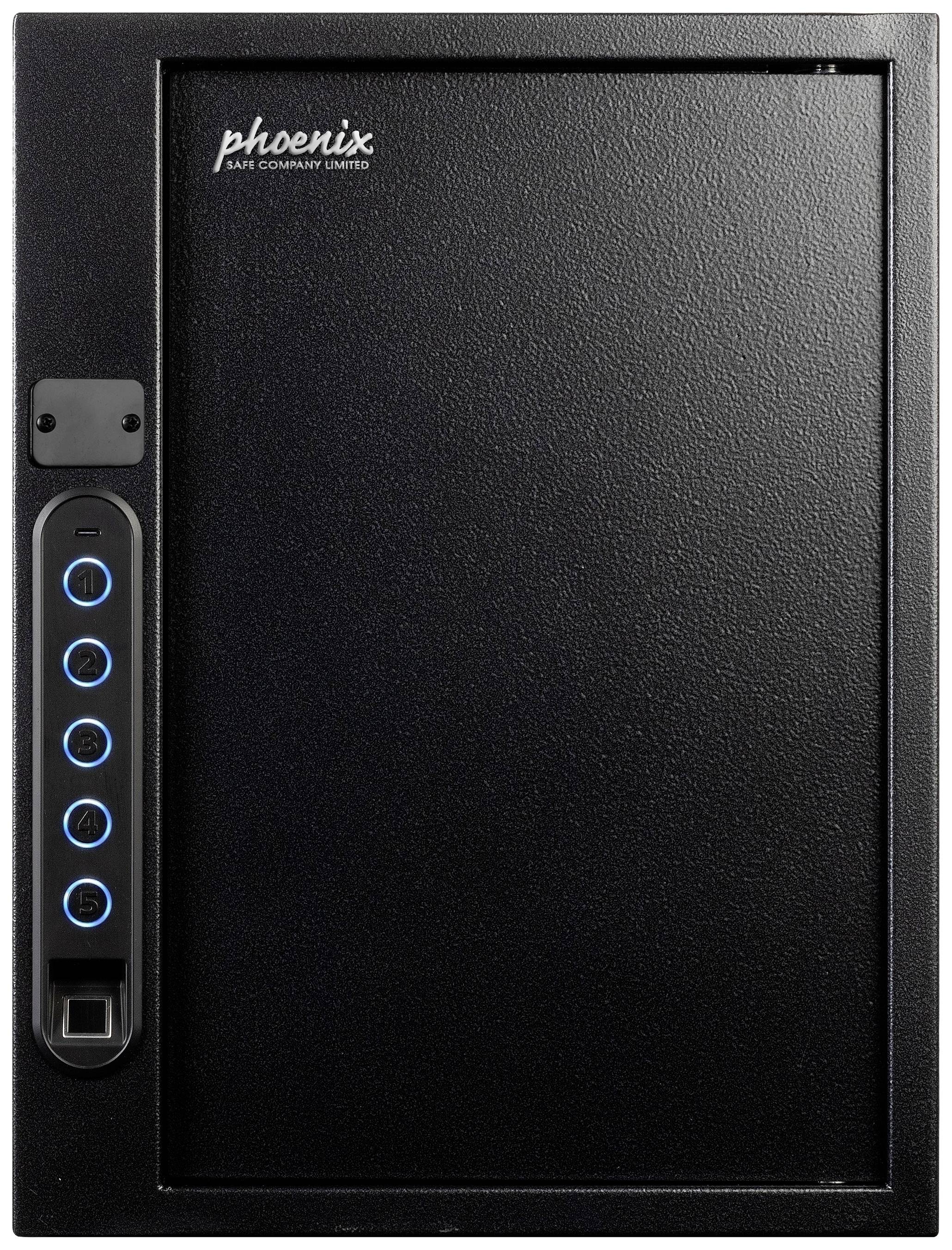 Schwarzer Safe mit elektronischem Zahlenfeld und Fingerabdruckscanner an der Seite, gekennzeichnet mit 'phoenix'.