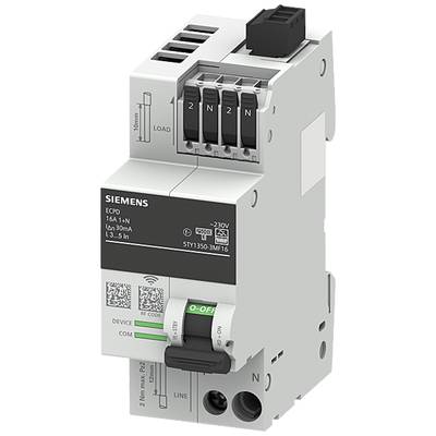 Ein zweipoliger Leitungsschutzschalter von Siemens mit grüner 'I-OFF'-Schalterstellung, technische Details aufgedruckt.
