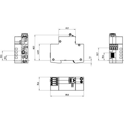 'Technische Zeichnung eines elektrischen Bauteils mit Maßen: 89,8 mm x 36,6 mm x 68,3 mm. Ansicht von vorne, oben und der Seite.'