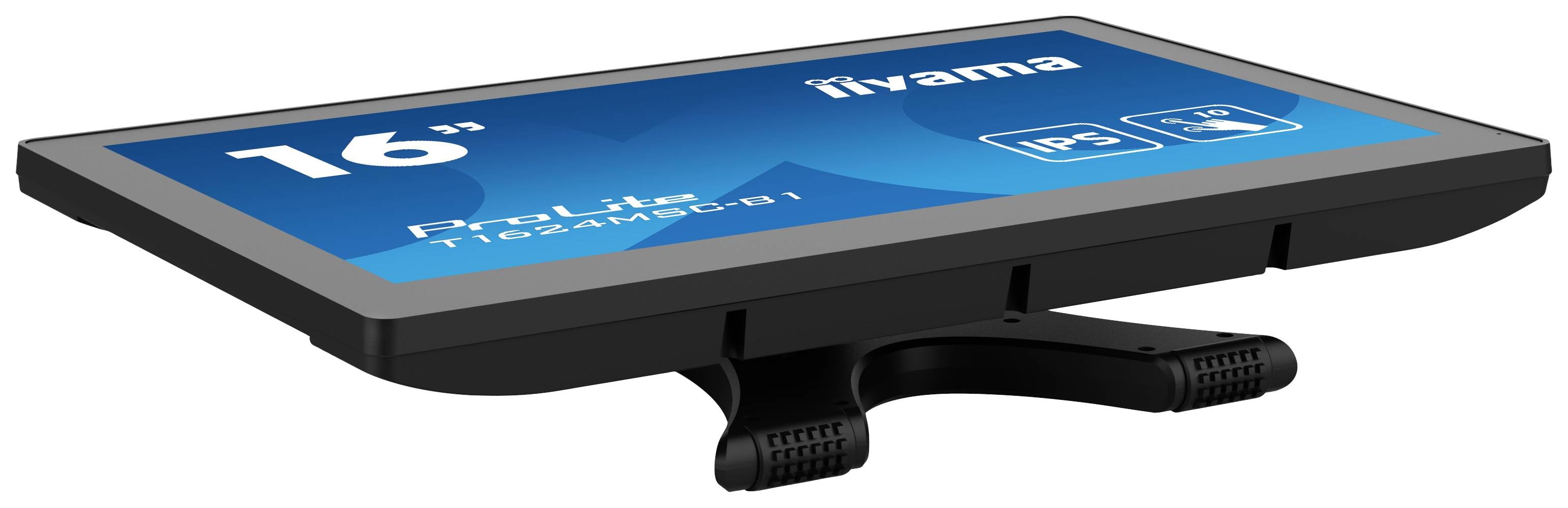 iiyama ProLite T1531SR-B1, ein 15-Zoll-Touchscreen mit IPS-Technologie, liegt schräg mit zwei Standfüßen auf einer Oberfläche.