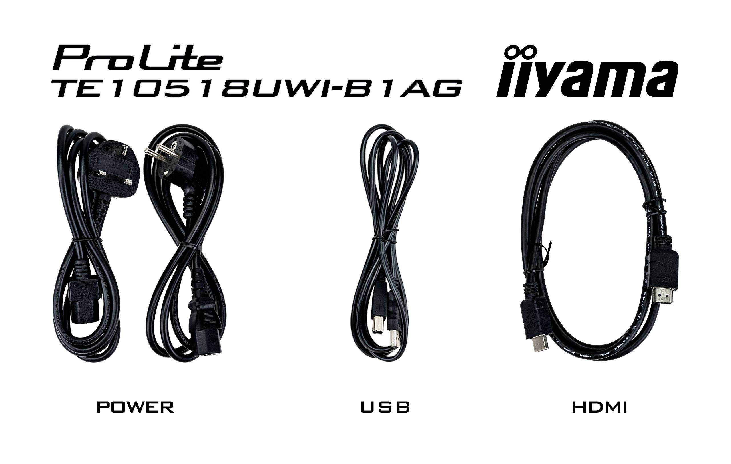 'Drei Kabel nebeneinander: links ein Stromkabel, in der Mitte ein USB-Kabel, rechts ein HDMI-Kabel, alle für ProLite TE10518UWI-B1AG Monitor von iiyama.'