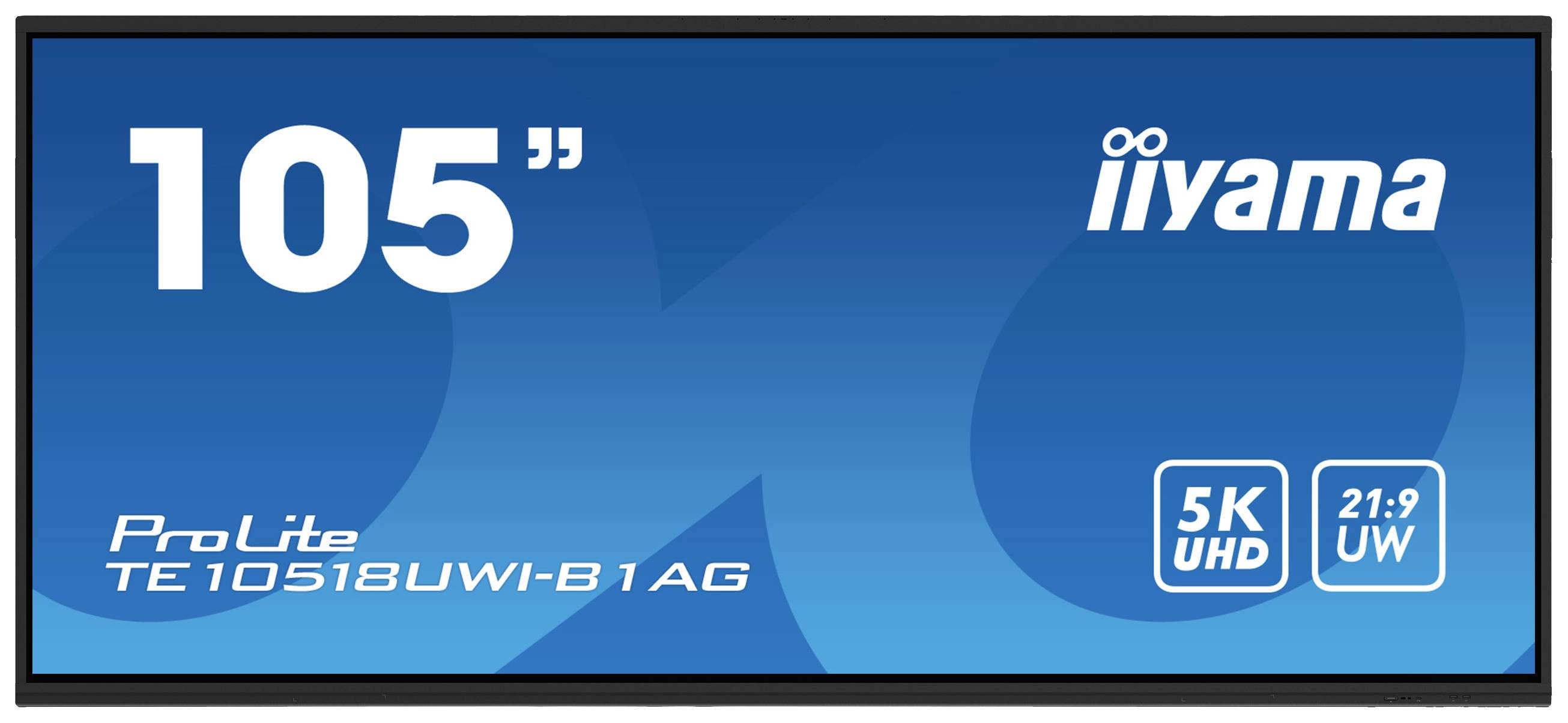 105-Zoll-Bildschirm von Iiyama mit den Spezifikationen '5K UHD', '21:9 UW' und Modellnummer 'ProLite TE10518UWI-B1AG'.